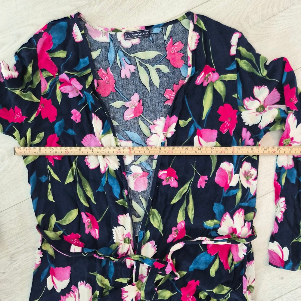 Victoria Leland Floral Duster Cardigan Navy Pink Viscose Tie Waist OS Whimsigoth - Picture 9 of 11